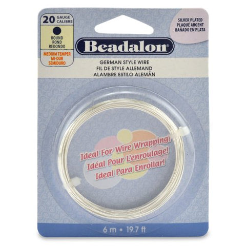 German Style Wire, Round, Silver Plated, 20 gauge (.032 in, .81 mm), 6 m (19.7 ft)