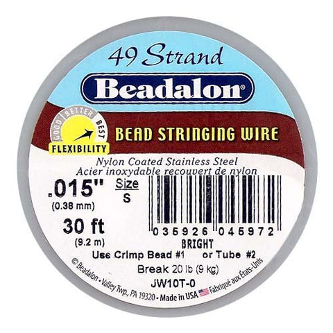 49 Strand Stainless Steel Bead Stringing Wire, .015 in (0.38 mm), Bright, 30 ft (9.2 m)
