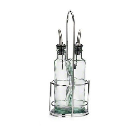 8.5 oz Carded Gemelli Green Glass Oil & Vinegar Set, S/S Pourers, w Chrome Plated Rack
