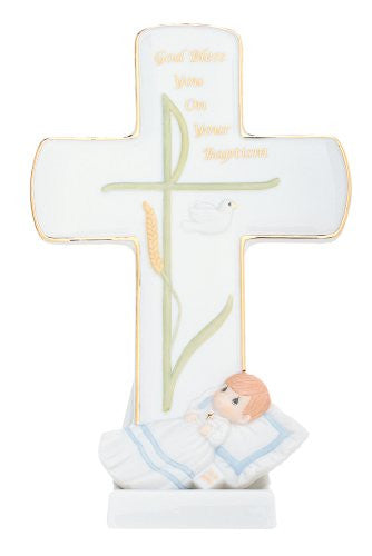 “God Bless You On Your Baptism” Cross with Stand Material: Porcelain, 7.75"