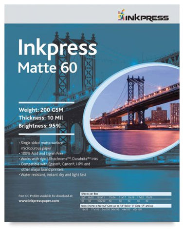 Matte 60, 200 gsm, 10 mil, 95 Percent Bright, Single Sided, 8.5 x 11, 50 Sheets