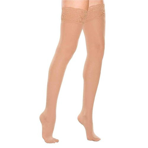 Women’s Thigh High Stockings with Lace Top, 20-30mmHg, Sand, Large