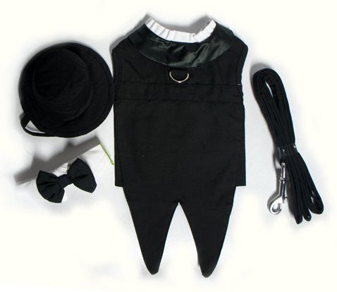 Black Dog Harness Tuxedo with Tails, Bow Tie, and Cotton Collar, Medium