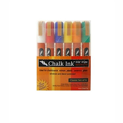 Wet Wipe Marker 6.0mm Classic 6 Pack - Chalk White, Clown Nose Red, Astroturf Green, Smiley Face Yellow, Pacific Blue, Candy Corn Orange