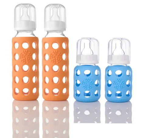 Lifefactory BPA-Free Glass Baby Bottles w/ Silicone Sleeve-4 pack (9 oz.+4oz. Sky & Orange)