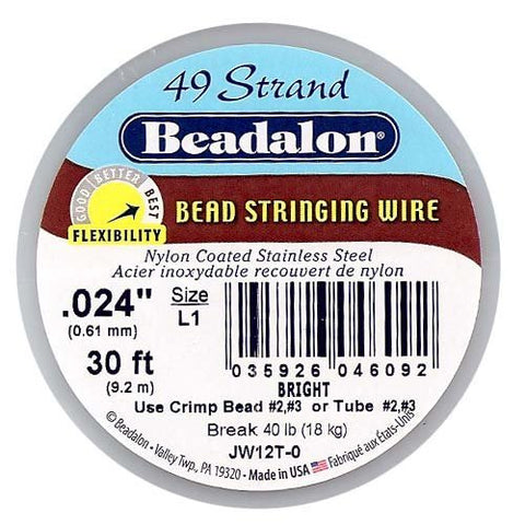 49 Strand Stainless Steel Bead Stringing Wire, .024 in (0.61 mm), Bright, 30 ft (9.2 m)