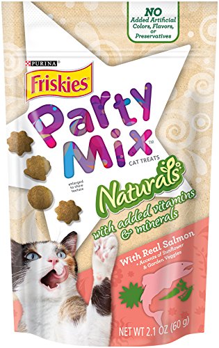 Friskies Party Mix Cat Treats, Naturals, Salmon with Accents of Sunflower & Garden Greens, 2.1-Ounce Pouch, Pack of 10