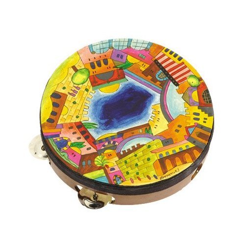 Tambourine - Hand Painted on Genuine Leather - Jerusalem 9x2 inch
