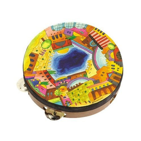Tambourine - Hand Painted on Genuine Leather - Jerusalem 9x2 inch