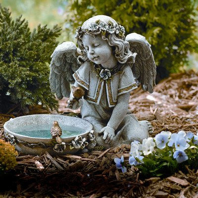 Joseph Studio 62852 Tall Angel Sitting By Solar Bird Bath Statue, 11-Inch