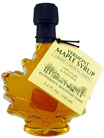 VT Maple Syrup in Specialty Glass Packaging, 3.4 oz, Maple Leaf, Grade A Amber/Rich Flavor