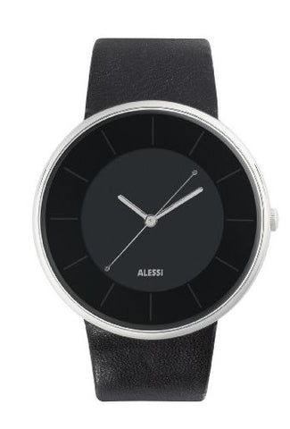 Wrist Watch, Leather Strap, Steel Case, Black, 1½ in.