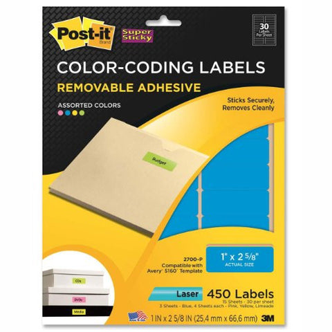 Color-Coding Labels, Laser Asst Neon 1 in x 2 5/8 in 30/sheet, 15 sheets/pack