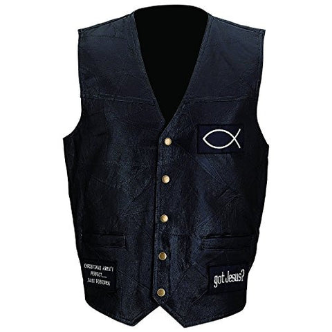 Giovanni Navarre® Italian Stone™ Design Genuine Leather Vest with Christian Patches M