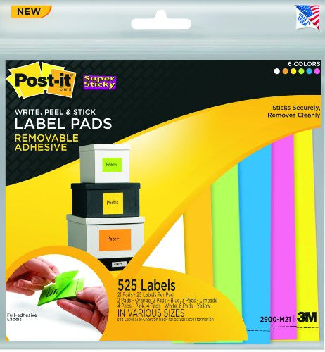 Super Sticky Removable Label Pads, Multi Pack  25 shts/pad, 21 pads/pk