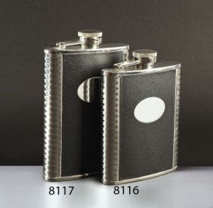 Deluxe Leather-Bound Captive-Top Pocket Flask, 8 oz.