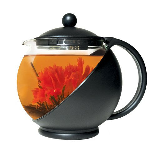 Half Moon 40 oz. Glass Teapot and Lid with Stainless Steel Infuser and 3 Green Tea Flowers, Black