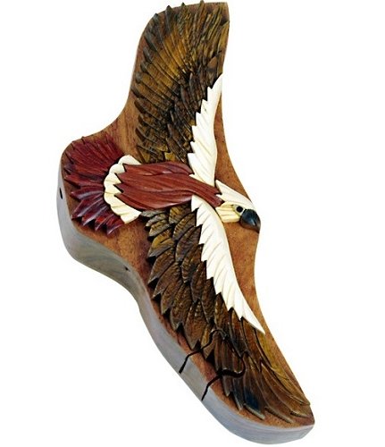 Wood Intarsia Puzzle Boxes, Hawk, 7 inches x 3 inches x 2 inches