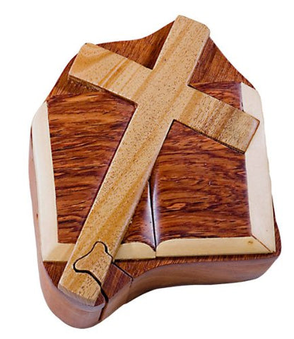 Wood Intarsia Puzzle Boxes, Cross and Bible, 5 inches x 3.5 inches x 2 inches