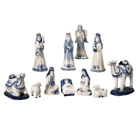 DELFT BLUE NATIVITY SET - 11 PIECE SET: MARY, JOSEPH, BABY JESUS, ANGEL, 2 EACH SHEEP AND CAMEL AND THREE WISEMEN