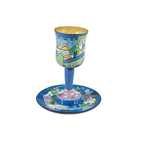 Kiddush Goblet & Plate Set - Blue Jerusalem, 5.7x4.5 inch