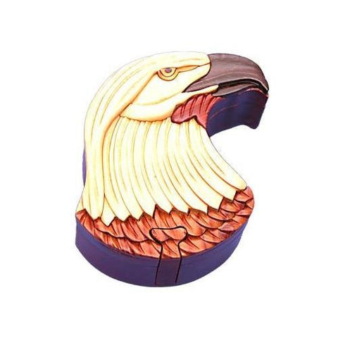 Wood Intarsia Puzzle Boxes, Eagle Head, 4.5 inches x 4 inches x 2 inches
