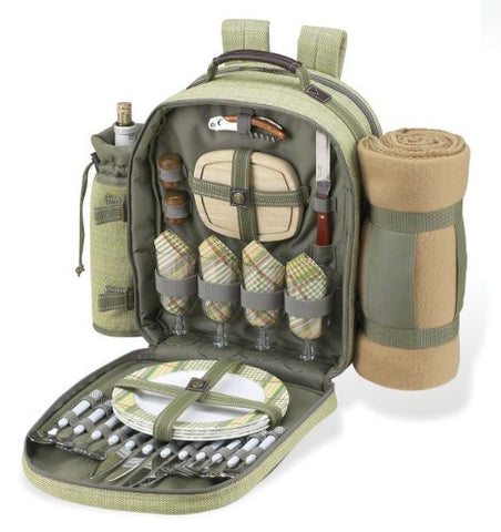 Hamptons Picnic Backpack Cooler for Four w Blanket in Olive Tweed