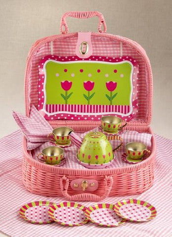4" Tin Tea Set for 4/ Pink Basket, Tulips