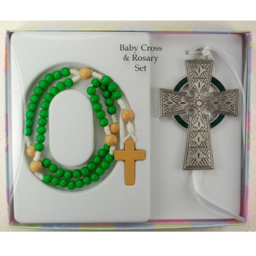 Pewter Celtic Cross Gree Wood Rosary Set