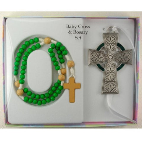 Pewter Celtic Cross Gree Wood Rosary Set