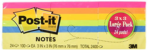 Post-it Notes, Original Pad, 3 Inches x 3 Inches, Assorted Neon Colors, Value Pack, 24 Pads per Pac