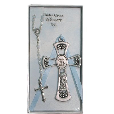 Pewter Boy Cross Blue Pearl Rosary Set 10"