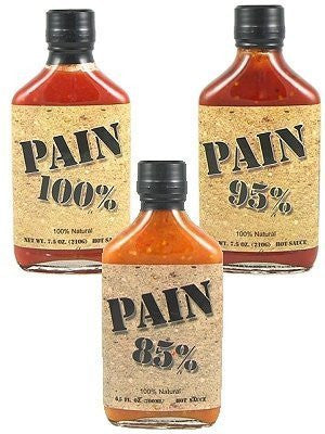 Original Juan PAIN 85 percent Hot Sauce 6.5 oz and Original Juan PAIN 95 percent Hot Sauce 6.5 oz and Original Juan PAIN 100 percent Hot Sauce 6.5 oz