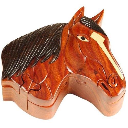 Wood Intarsia Puzzle Boxes, Horse Head, 4.5 inches x 4 inches x 2 inches