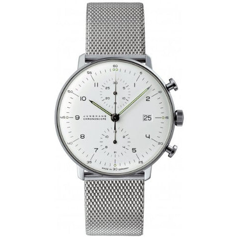 Junghans Max Bill, Chronoscope Wrist Watch
SS Case, Silver-white Dial
Numbers, Date,
SS Mesh Band