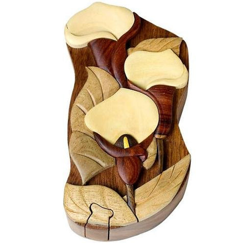 Wood Intarsia Puzzle Boxes, Cally Lily, 5.5 inches x 3 inches x 2 inches