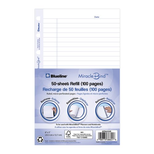BLUELINE MIRACLEBIND NOTEBOOK REFILL, 50 SHEETS, 8" x 5"