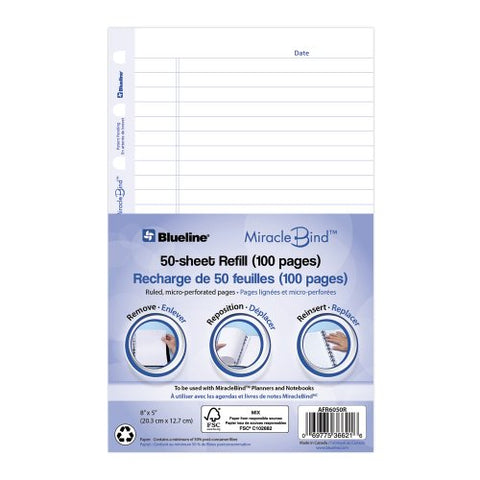 BLUELINE MIRACLEBIND NOTEBOOK REFILL, 50 SHEETS, 8" x 5"