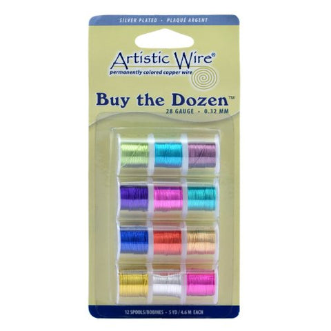 Artistic Wire, 28 Gauge (.32 mm), Silver Plated, Buy-The-Dozen, Assorted Colors, 5 yd (4.5 m) each, 12 spools