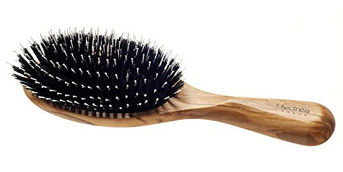 Olive Wood Hair Brush with Black Rubber Cushion, Combine Wild Boar Bristle & Long Length Nylon Pin