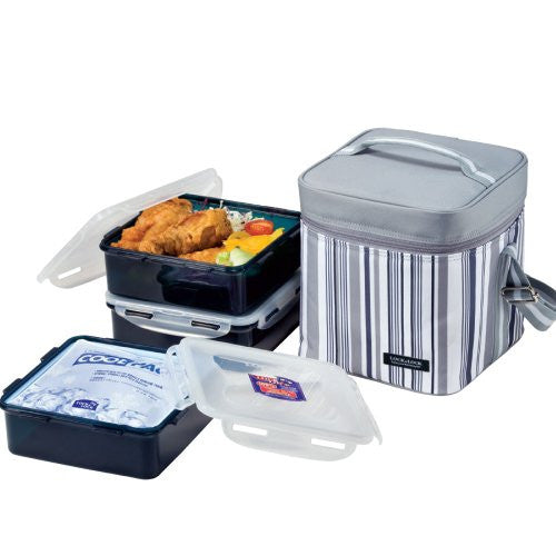 Lock & Lock Lunch Box 3-Piece Set with Insulated Gray Stripe Bag, Cool Pack, Three 5-cup Containers with One Divider