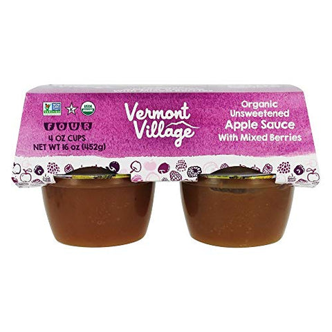 Vermont Village Organic Unsweetened Apple Sauce with Mixed Berries, 4 pk (4 oz cups)