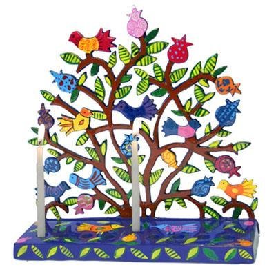 Hanukkah Menorah - Painted Laser Cut - Birds and Pomegranates, 7.5x7.5x2 inch
