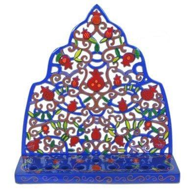 Hanukkah Menorah - Painted Laser Cut - Pomegranates, 9x9x2 inch