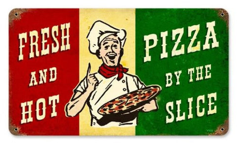 Pizza Slice vintage metal sign measures 14 inches by 8 inches