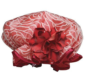 Shower Cap - Red with Red Flower Design