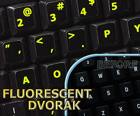 Glowing Fluorescent Dvorak Keyboard Sticker with Black Background, 11 x 13