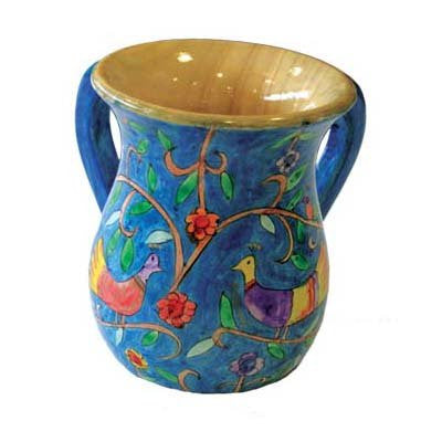 Netilat Yadayim Cup - Hand Painted Wood - Small - Birds, 3.5x4.5 inch