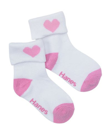 Hanes Girls' Infant Toddler Turn Cuff Socks- 4T-5T (White w/ Asst Heel and Toe)