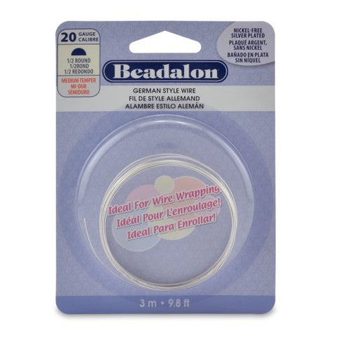German Style Wire, Half Round, Tarnish Resistant Silver Plated, 20 gauge (.032 in, .81 mm), 3 m (9.8 ft)